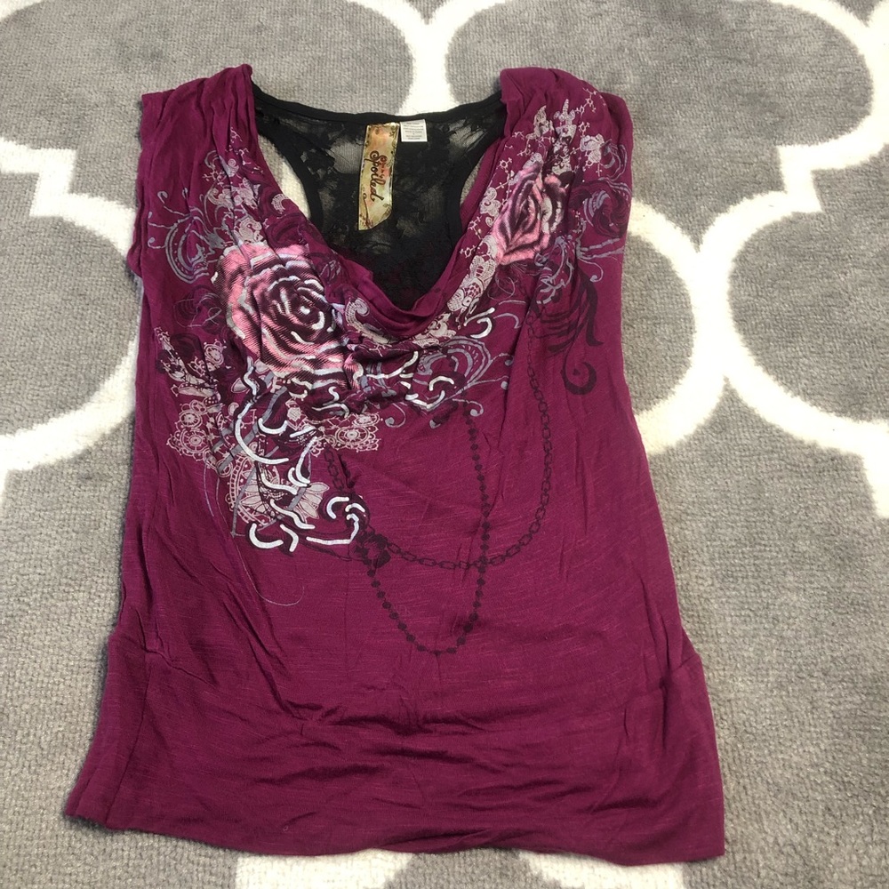 Spoiled Shirt Womens Small Drape Neck Lave Back Roses Top